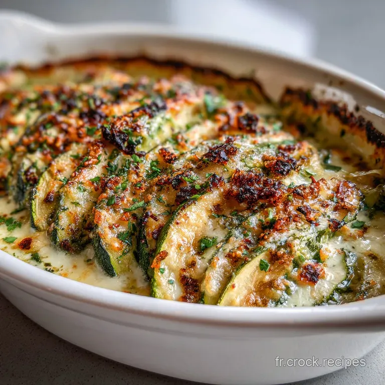 A creamy, golden zucchini gratin is served, the steam rising above the cheesy layer. Fresh herbs add a pop of vibrant color.