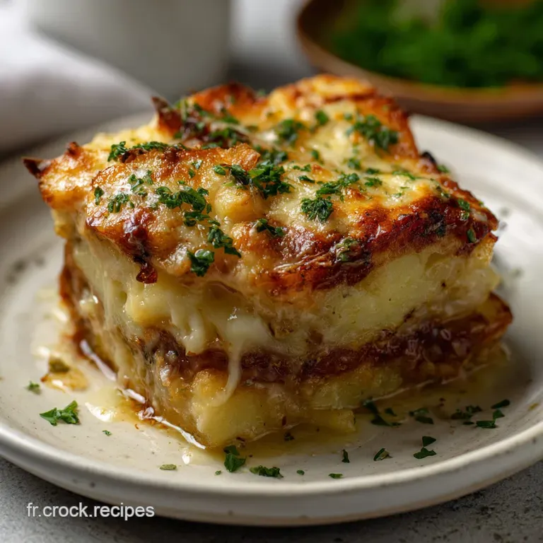 Creamy potato gratin with golden, bubbly cheese. Delicate herbs garnish the edges of the dish. A comforting, elegant meal.