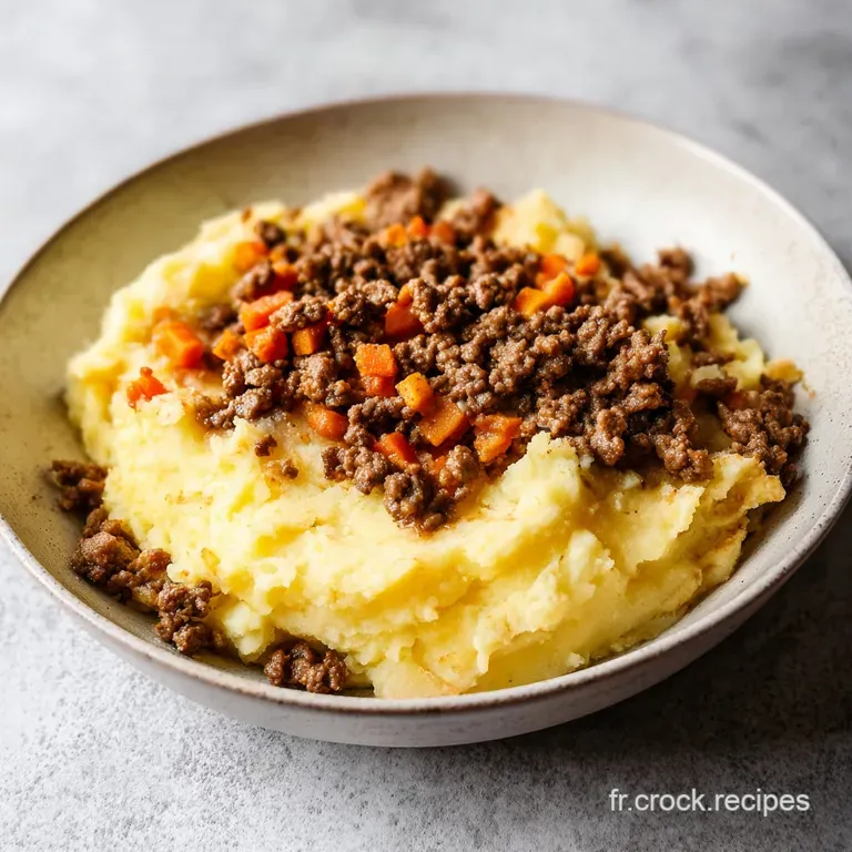 Une part g&eacute;n&eacute;reuse de pur&eacute;e onctueuse et gratin&eacute;e, dress&eacute;e avec soin dans une assiette blanche, fumante et app&eacute;tissante.
