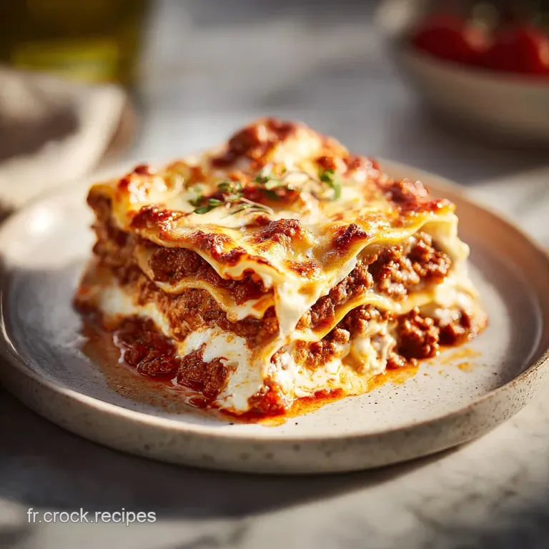A slice of warm lasagna, oozing with cheese and sauce, sits on a white plate. Herbs provide fresh green contrast.