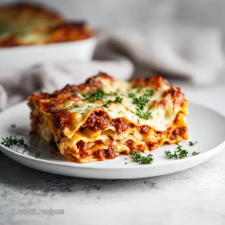 A generous slice of baked lasagna, layered with pasta, meat sauce, and creamy b&eacute;chamel, garnished with parsley.