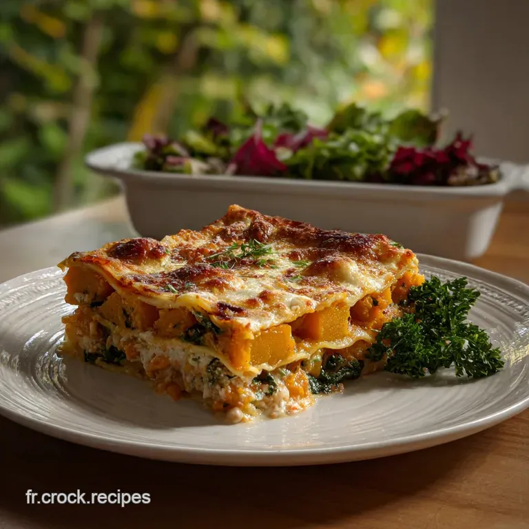 Steaming slice of lasagna with layered squash, spinach, & melted cheese, presented on a rustic plate.