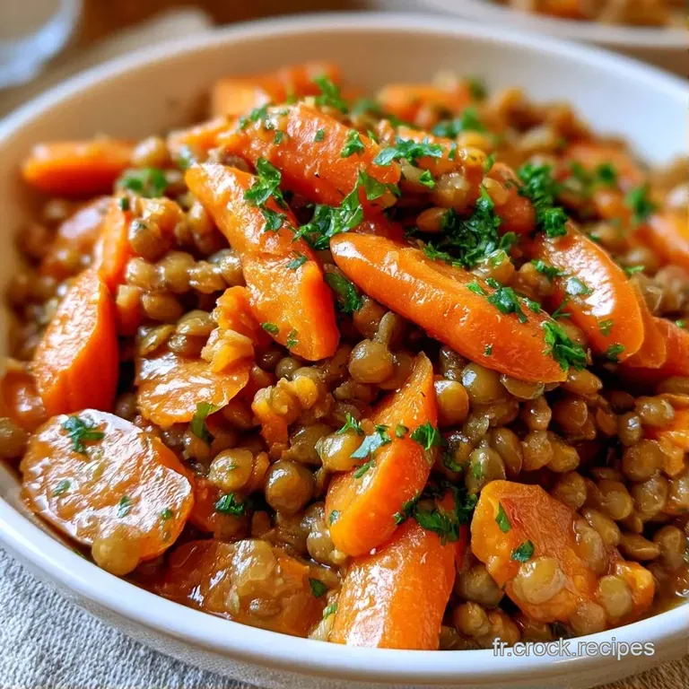 Assiette blanche pr&eacute;sentant un d&ocirc;me de lentilles brunes entour&eacute; de carottes fondantes et d'un filet d'huile dor&eacute;e.