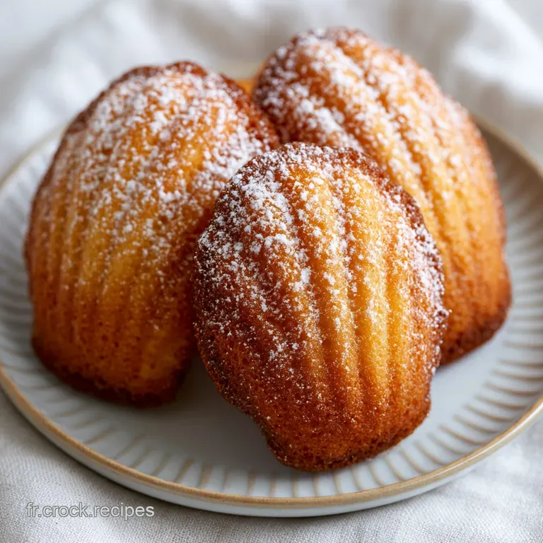 Une assiette blanche pr&eacute;sente trois g&acirc;teaux moelleux saupoudr&eacute;s de sucre glace avec une serviette en lin blanc.