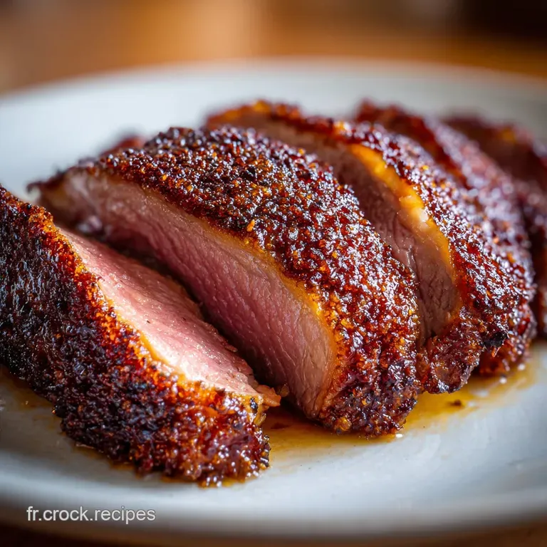 Pan-seared duck breast slices, ros&eacute; and tender, fanned atop a swirl of dark sauce; herbs add freshness.