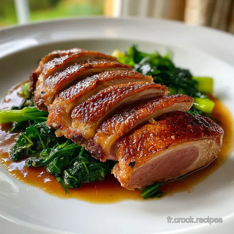 Perfectly sliced duck breast fans across the plate, revealing a juicy interior. A vibrant cherry reduction adds a glossy s...