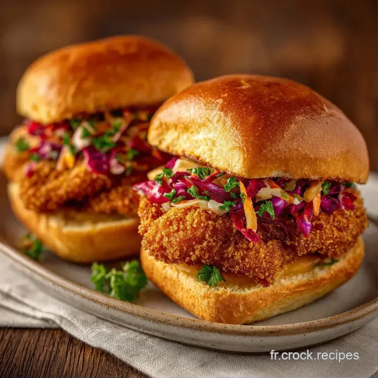 Trio de sliders dispos&eacute;s avec soin, montrant un poulet dor&eacute; et croustillant surmont&eacute; d'un pain brioch&eacute; brillant.