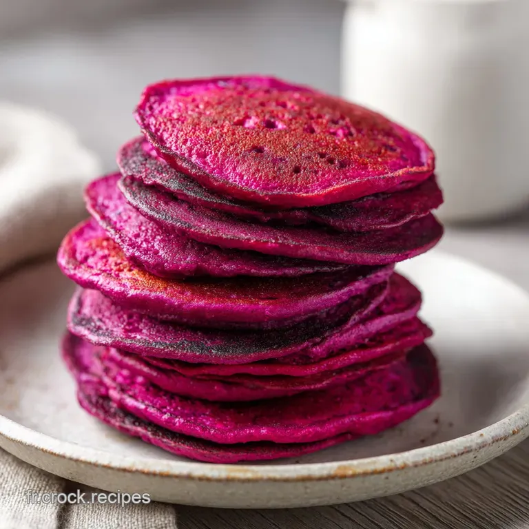 Pile de petits pancakes pourpres napp&eacute;s de sirop dor&eacute;, d&eacute;cor&eacute;s de baies fra&icirc;ches et d'une touche de menthe verdoyante.