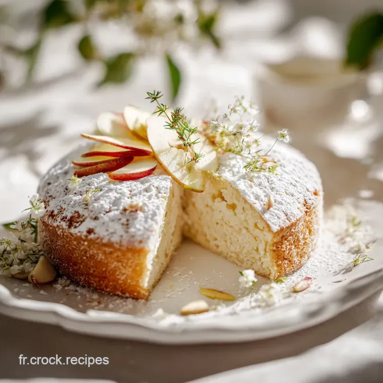 Warm apple cake slice plated next to a scoop of vanilla ice cream. Caramel drizzle glistens against the light. A cozy dess...