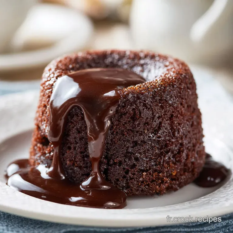 A single, perfectly domed chocolate cake on a white plate, melting slightly. Garnished with fresh raspberries and a dustin...