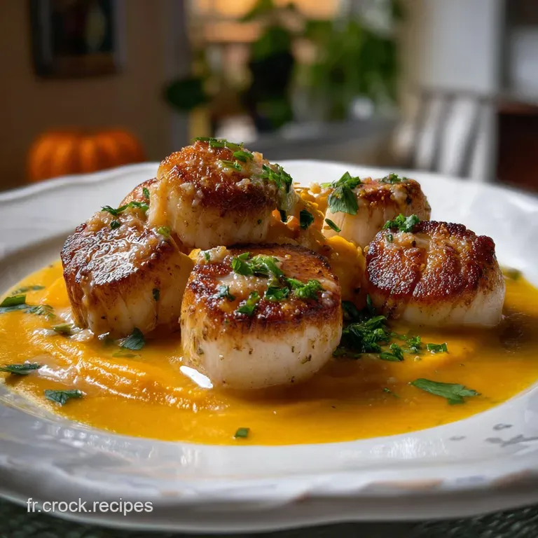 Perfectly plated seared scallops with creamy sauce, garnished with fresh herbs and a drizzle of olive oil, showcasing eleg...