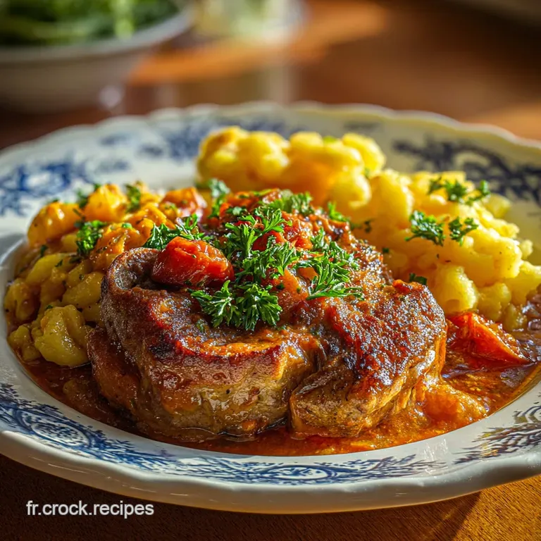 Osso bucco, glistening in its sauce, plated atop creamy polenta with a vibrant gremolata garnish and a sprig of rosemary.