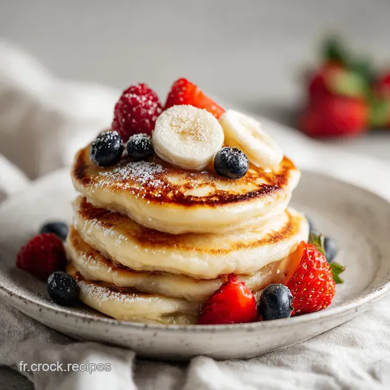 A neat stack of tender pancakes crowned with whipped coconut cream and a scattering of fresh berries.