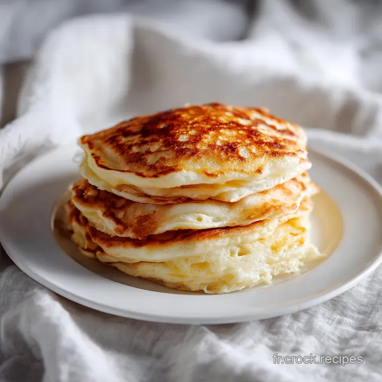 Three perfectly round, light brown pancakes stacked high, adorned with fresh berries and a drizzle of syrup.