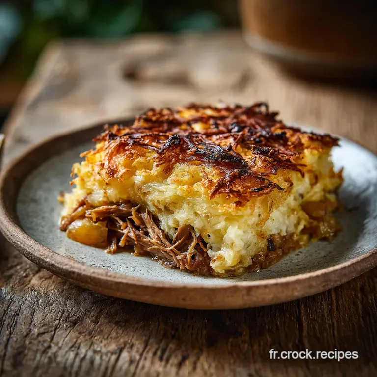 Elegant serving of duck confit parmentier. Fluffy potato topping, rich duck beneath, garnished with vibrant green herbs.