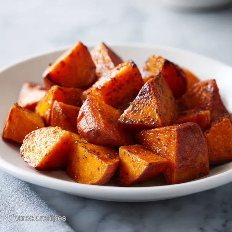 Elegant plate with vibrant orange roasted sweet potato slices, sprinkled with flaky salt and fresh herbs, glistening with ...