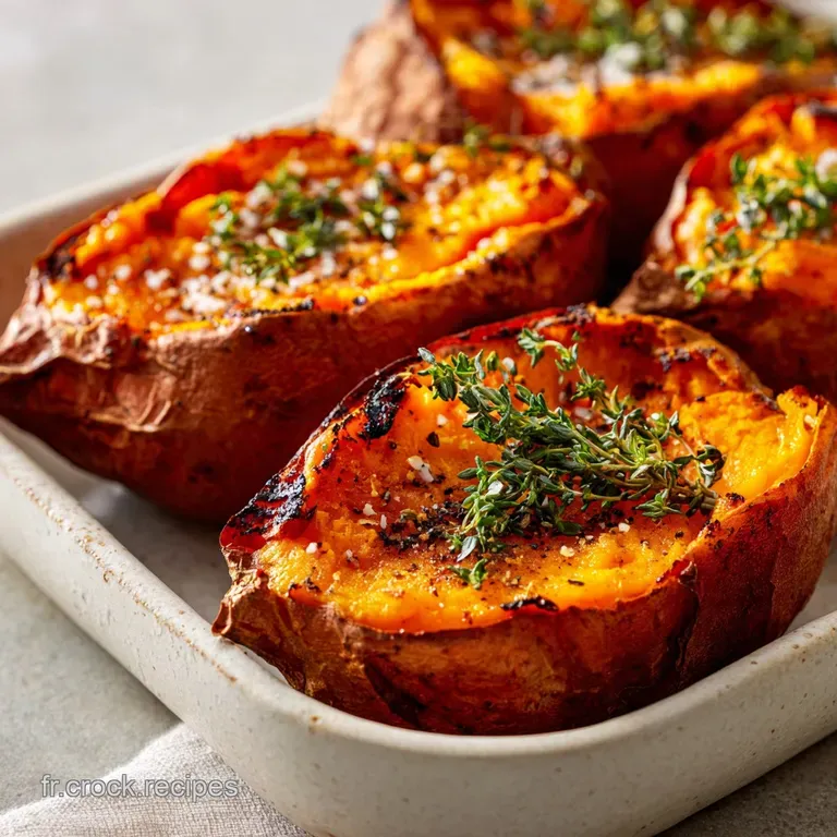 Elegant plate featuring golden-brown sweet potato wedges, artfully arranged with a vibrant herb garnish and a creamy dippi...