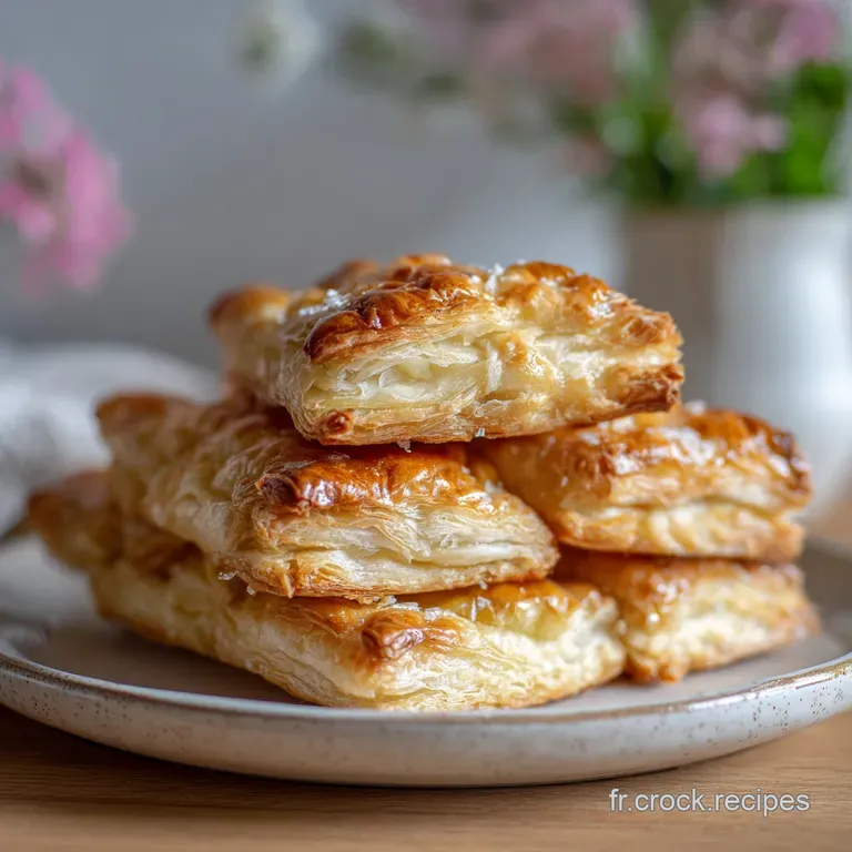 Delicate puff pastry elegantly sliced, revealing airy layers. Lightly dusted with powdered sugar, hints of golden butter g...