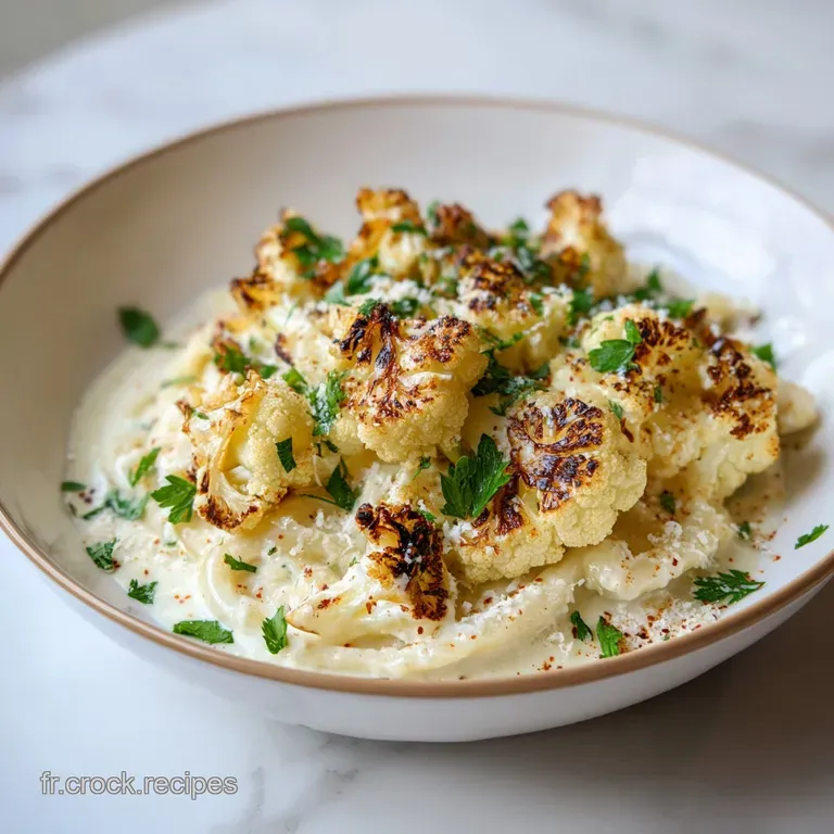 Elegant swirl of velvety white pasta topped with charred cauliflower and a sprinkle of fresh green parsley.