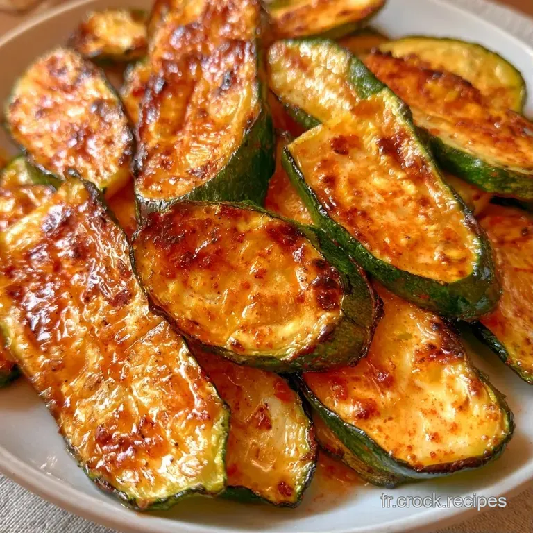 Tranches de courgettes grill&eacute;es empil&eacute;es sur porcelaine blanche, parsem&eacute;es d'herbes vertes et d'un filet d'huile.