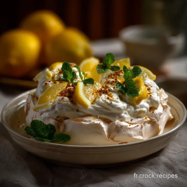 Elegant slice of pavlova, showcasing layers of crisp meringue, tart lemon curd, and a vibrant scattering of fresh raspberr...