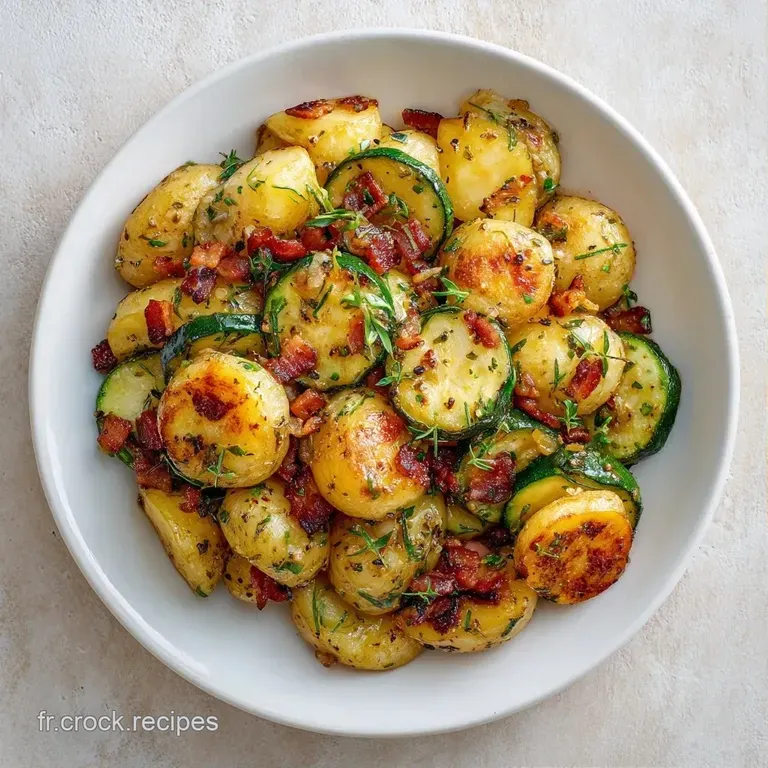 D&eacute;s de l&eacute;gumes saut&eacute;s color&eacute;s et lardons croustillants dispos&eacute;s avec soin dans une assiette blanche et moderne.