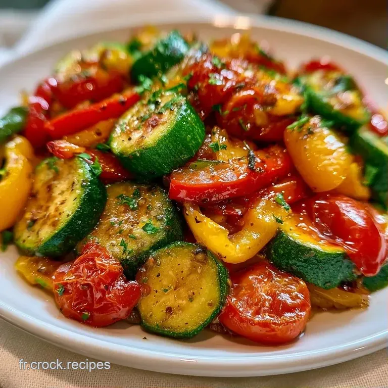 L&eacute;gumes saut&eacute;s aux couleurs vives dress&eacute;s avec soin dans une assiette blanche, surmont&eacute;s de quelques herbes fra&icirc;ches.