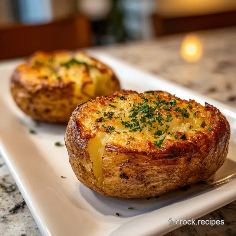 Elegant single serving of roasted potatoes, steam rising. Sprig of rosemary garnishes the crispy, browned edges on a white...