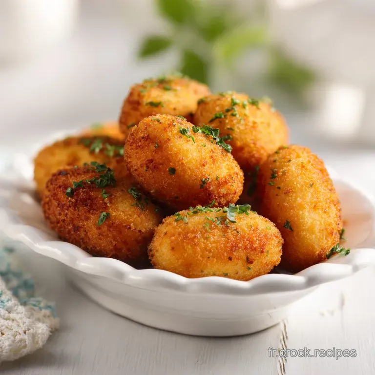 Plated potato croquettes, perfectly golden brown, resting on a white ceramic dish with a delicate sauce.
