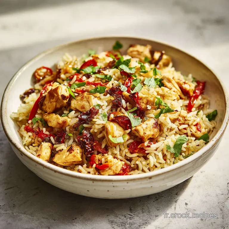 Elegant plate featuring tender chicken and glistening rice pilaf, garnished with fresh herbs, ready to be enjoyed in a coz...