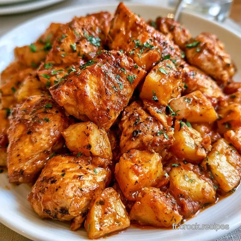 Morceaux de viande tendres et l&eacute;gumes croquants dispos&eacute;s avec soin sur une assiette blanche, napp&eacute;s d'une sauce onctueuse.