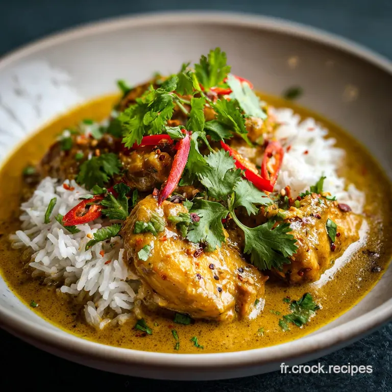 A single serving of coconut chicken curry, glistening with sauce, atop fluffy white rice, garnished with green herbs and s...