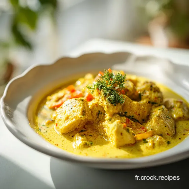 Elegant plate of coconut curry chicken: tender chicken chunks swimming in a rich sauce, garnished with bright cilantro.