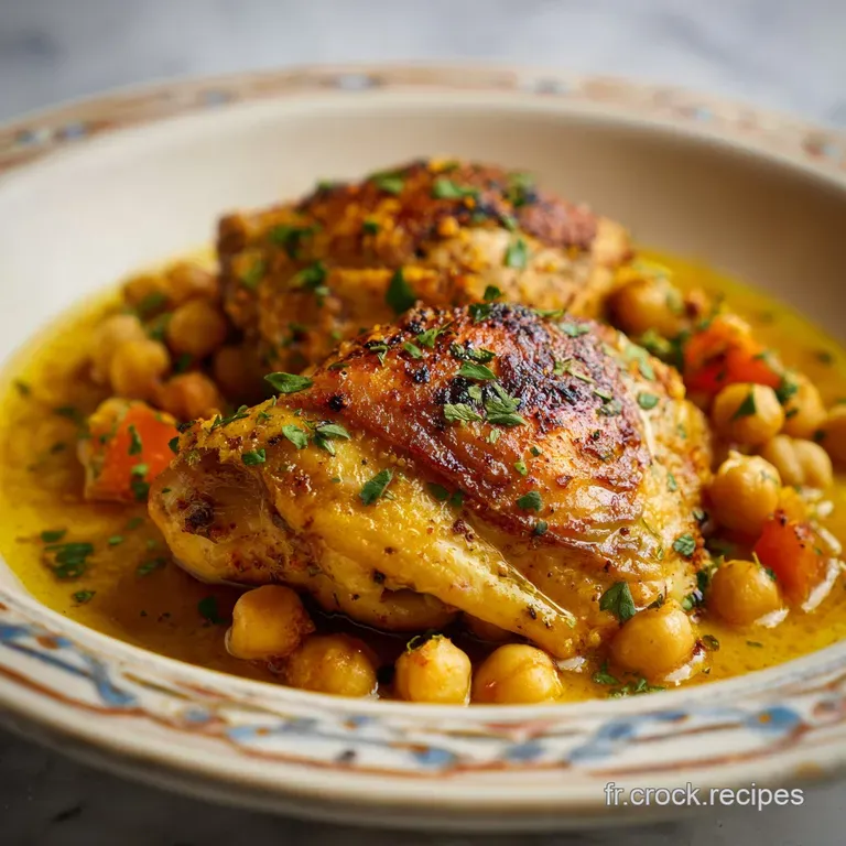 Tender chicken pieces and plump chickpeas artfully arranged in a rustic bowl, vibrant with color.