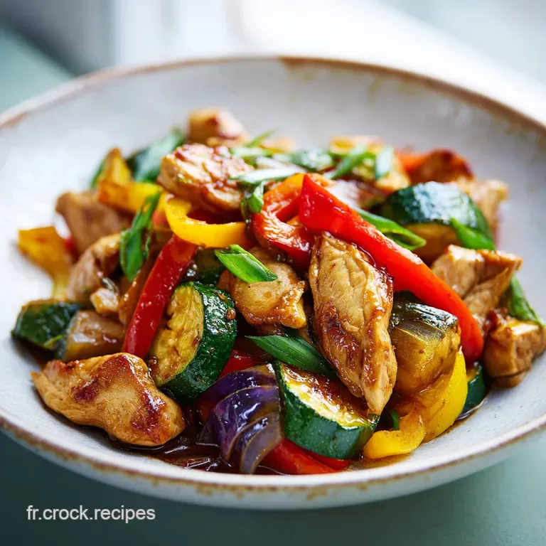 Plated roasted chicken breast and vibrant mixed vegetables. Glistening sauce and fresh herbs create an elegant presentatio...