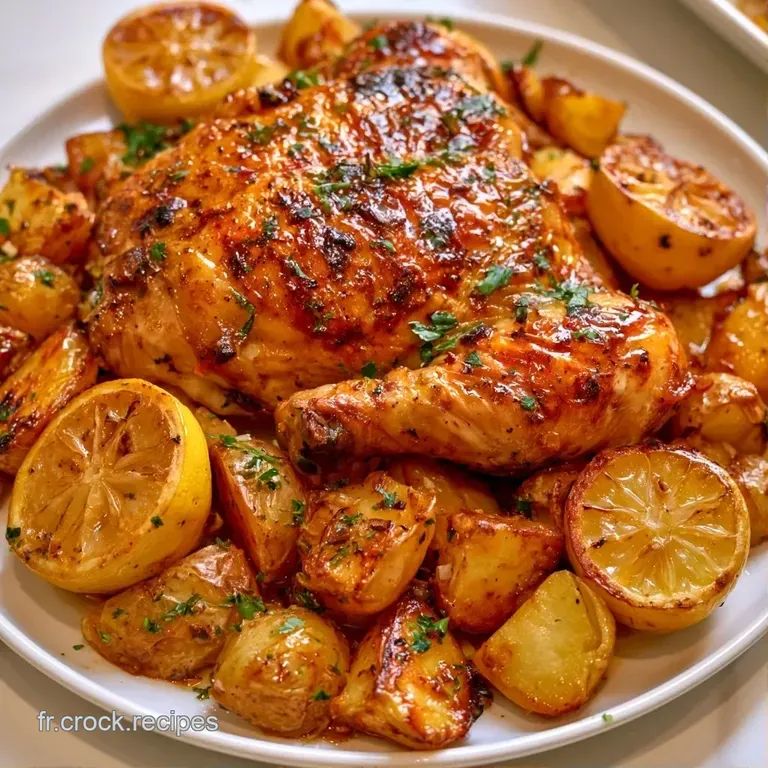 Tranches de poulet juteux et pommes de terre dor&eacute;es dispos&eacute;es avec soin sur une assiette blanche et du persil frais.