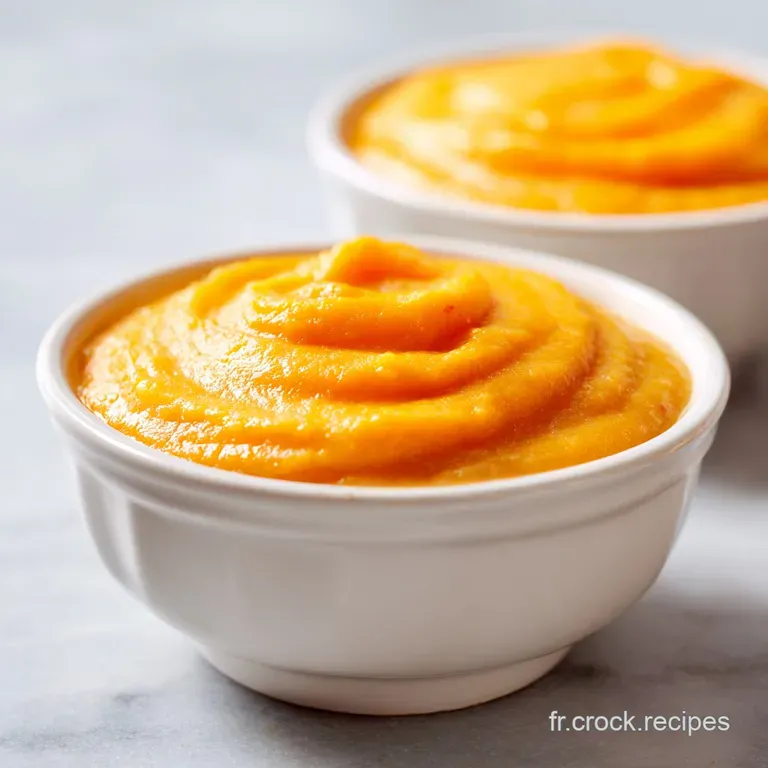 Elegant swirl of pale yellow and bright orange pur&eacute;e in a shallow bowl, garnished with a drizzle of oil and fresh parsley ...