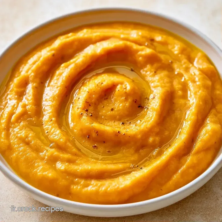 Une pur&eacute;e orange pastel d&eacute;licatement d&eacute;pos&eacute;e dans une assiette blanche, texture cr&eacute;meuse et fini satin&eacute; et lisse.
