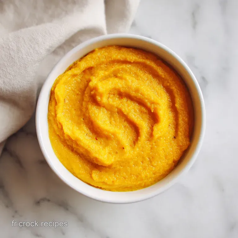 Elegant serving of smooth, bright orange potimarron pur&eacute;e, garnished with a sprig of herbs. Hints of steam suggest delight...