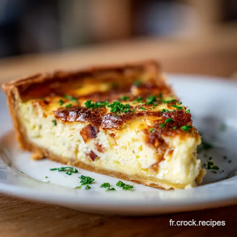 A single slice of quiche, showcasing its rich custard and crisp crust, artfully plated with a side salad.