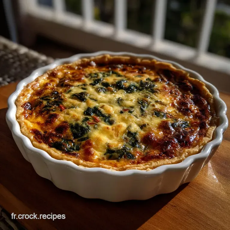 A generous slice of quiche, showcasing the layered filling and crust, artfully arranged on a white plate with a sprig of p...