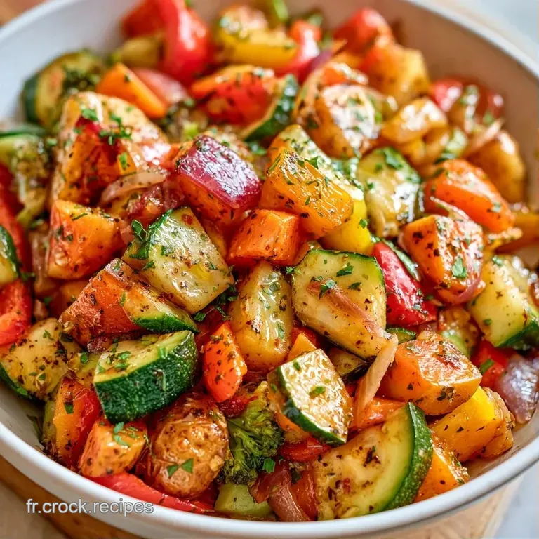 L&eacute;gumes mijot&eacute;s aux reflets brillants dispos&eacute;s avec soin dans une assiette blanche, contrastant avec le rouge vif.