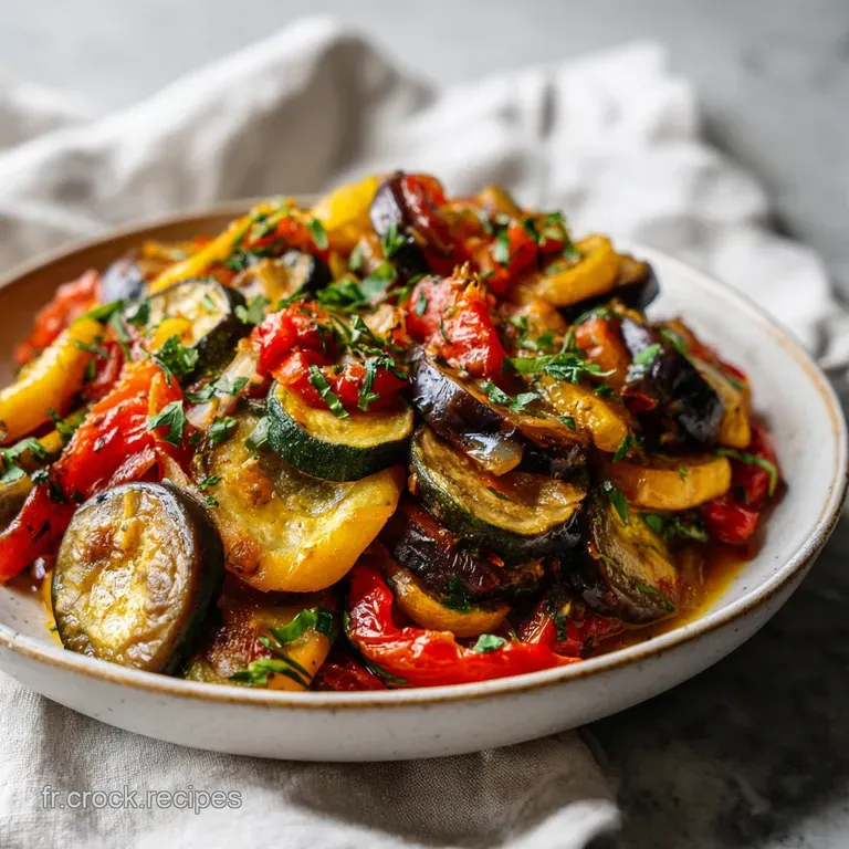 A rustic ceramic bowl filled with colorful ratatouille, its soft vegetables glistening under a drizzle of olive oil and fr...