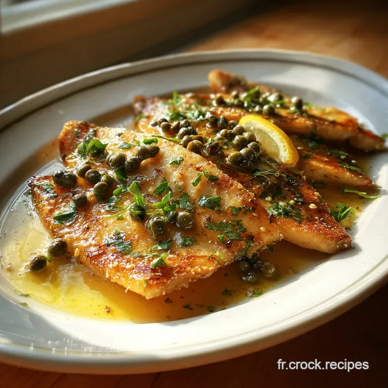 Elegant plate featuring tender skate wing with browned edges, artfully arranged with bright green beans & a lemon sprig.