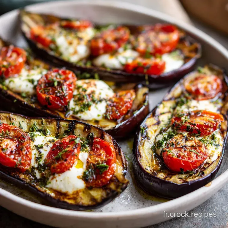 Elegant plate featuring layers of tender eggplant and bright vegetables, drizzled with a flavorful sauce and garnished wit...