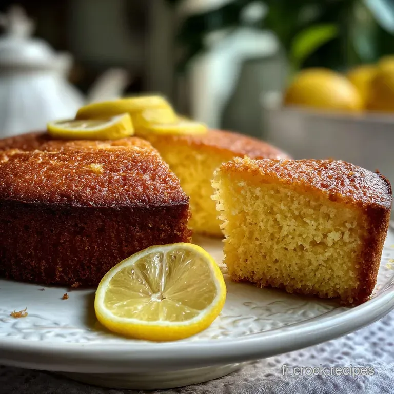 A slice of bright yellow lemon cake with a delicate crumb, attractively plated with a sprig of fresh mint. Simply elegant.