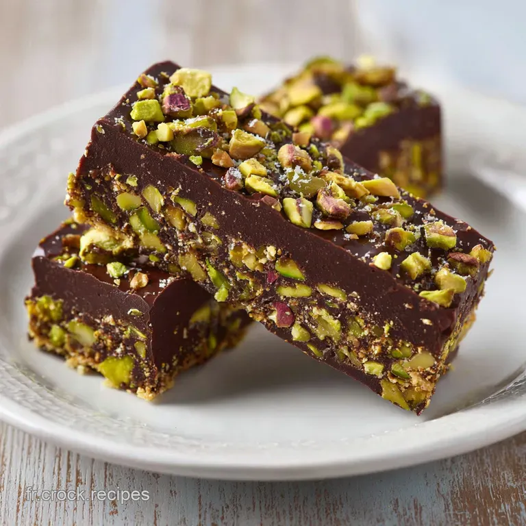 Elegant dark chocolate dessert slice with emerald pistachios. Glossy ganache reflects light, hints of richness.