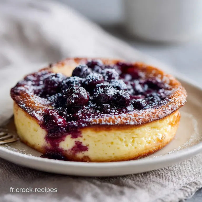 Slice of warm clafoutis with caramelized cherries and a delicate crust, served on a white plate dusted with sugar.