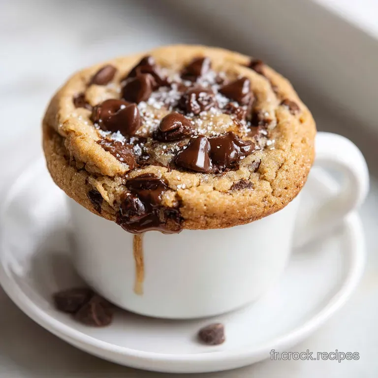 Single-serving cookie mug with a scoop of vanilla ice cream melting on top, drizzled with chocolate sauce, ready to eat.