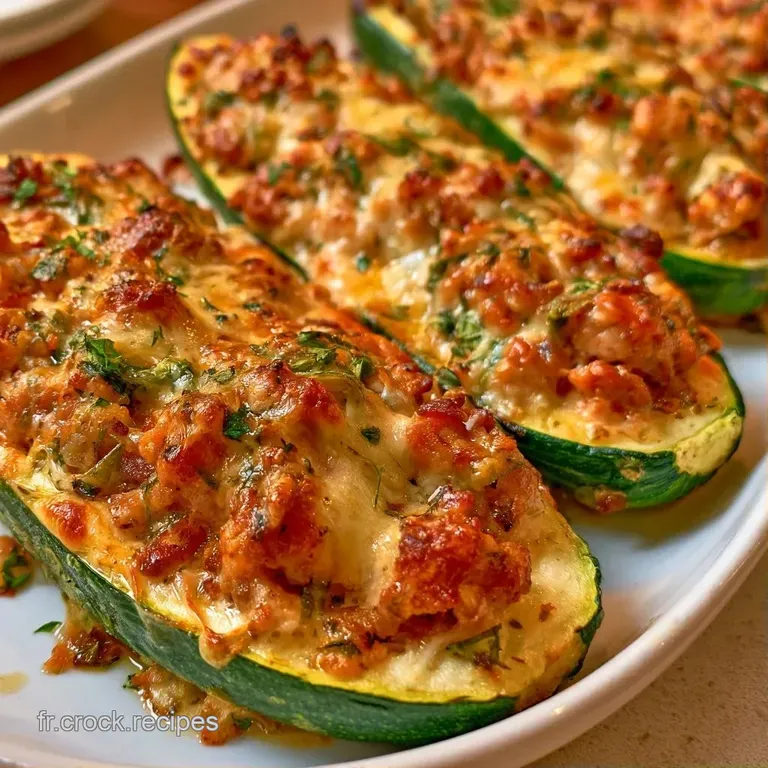 Deux cylindres de courgette r&ocirc;tis pos&eacute;s sur une assiette blanche, napp&eacute;s d'une sauce tomate rouge et brillante.